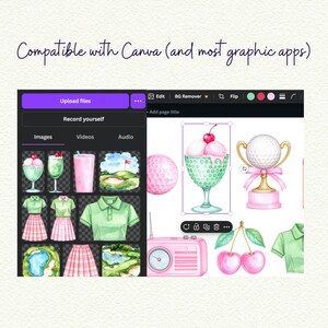 May include: A digital graphic design featuring watercolor illustrations of golf-themed elements, including a golf ball trophy, golf course, and ice cream sundae. The text "Compatible with Canva (and most graphic apps)" is displayed at the top.