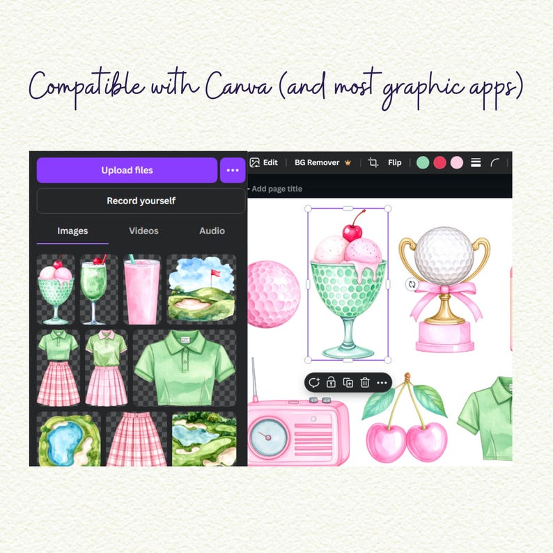 May include: A digital graphic design featuring watercolor illustrations of golf-themed elements, including a golf ball trophy, golf course, and ice cream sundae. The text "Compatible with Canva (and most graphic apps)" is displayed at the top.