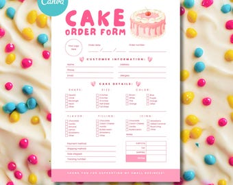 Kuchenbestellungsformular bearbeitbare Vorlage, niedliches rosa Bäckerei-Business Form Kundenspezifische Kuchenbestellung druckbare Canva-Vorlage + Kuchenpflegekarte Freebie