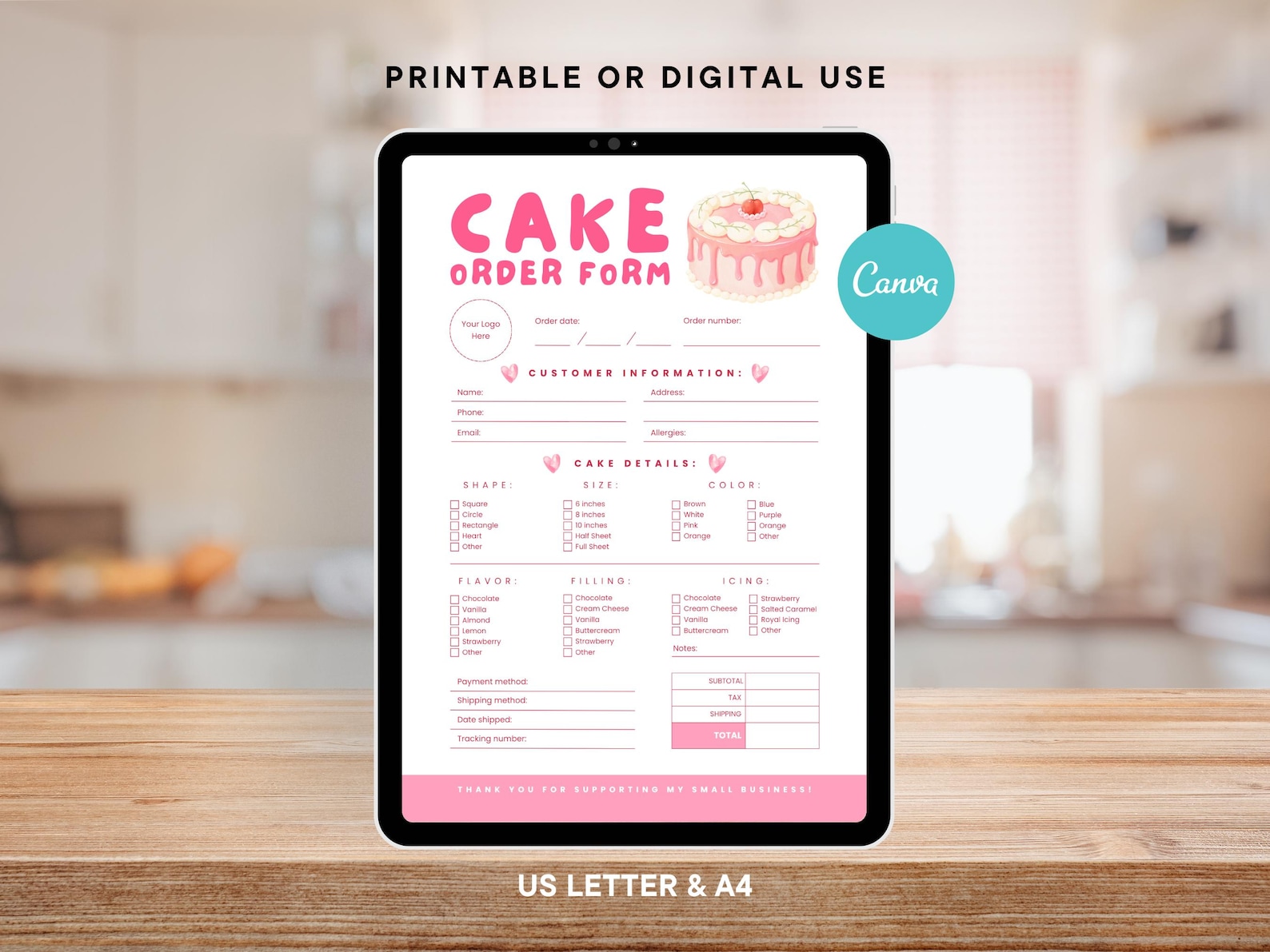 Cake Order Form Editable Template, Cute Pink Bakery Business Form ...
