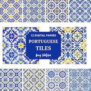 Portuguese Tile Digital Papers Pack of 12 JPG Santorini Ceramic Tiles Mexican Talavera Tile Decoupage Papers Azulejos  Blue and White Tile