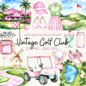 May include: Watercolor clipart set with a vintage golf club theme. Includes a pink golf cart, golf clubs, a golf ball trophy, and a pink and green golf course scene. Also includes a pink hat, shoes, and a green polo shirt and pink skirt.