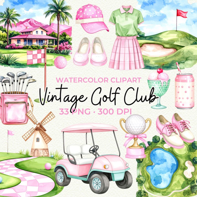 May include: Watercolor clipart set featuring a vintage golf club theme. Includes a pink golf cart, golf clubs, a golf ball trophy, and a pink and green golf course scene. Also includes a pink hat, shoes, and a green polo shirt and pink skirt.