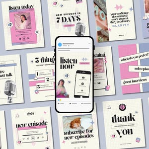 May include: A smartphone displaying a social media feed centred among various digital graphic templates featuring podcast-themed designs, pastel pink and blue colour schemes, grid backgrounds, and text elements like Listen Now and New Episode.