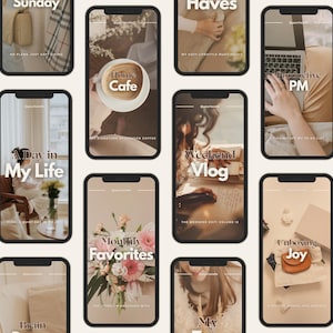 May include: A series of smartphone screens showcasing lifestyle content. The screens display text such as "Cozy Corner," "Sunday," "A Day in My Life," "Home Cafe," "Monthly Favorites," "Haves," "Weekend Vlog," "Active PM," "Unboxing Joy," and "How I Glow."