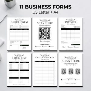 May include: A collection of 11 business forms, including order forms, invoices, and price lists, printed on US Letter and A4 paper. The forms are black and white with floral accents and include QR codes for scanning. The text "11 BUSINESS FORMS" is at the top.