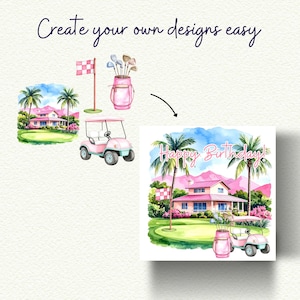May include: Watercolor illustrations of golf-themed elements. Includes a pink golf cart, golf clubs in a pink bag, a golf flag, and a pink house with palm trees. The text "Happy Birthday!" is also present.