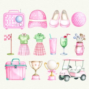 May include: Watercolor illustration of golf-themed items in pink and green. Includes a radio, hat, shoes, golf ball, flag, polo shirts with skirts, drinks, golf bag, cooler, trophies, and a golf cart.