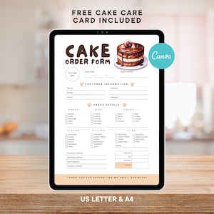 Puede incluir: Un formulario digital de pedido de pastel que se muestra en una tableta. El formulario incluye secciones para la información del cliente, los detalles del pedido y una ilustración de pastel. El texto en la parte superior dice "FREE CAKE CARE CARD INCLUDED". El texto inferior dice "US LETTER & A4".