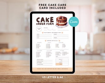 Kuchenbestellungsformular Bearbeitbare Vorlage, Gemütliche Bäckerei Geschäftsform Benutzerdefinierte Kuchenbestellung druckbare Canva-Vorlage + Kuchenpflegekartenvorlage Freebie