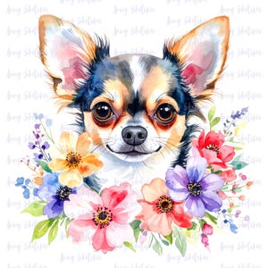 Watercolor Chihuahua Clipart Set: Floral Dog Portraits (Digital Download, 300 DPI JPGs)