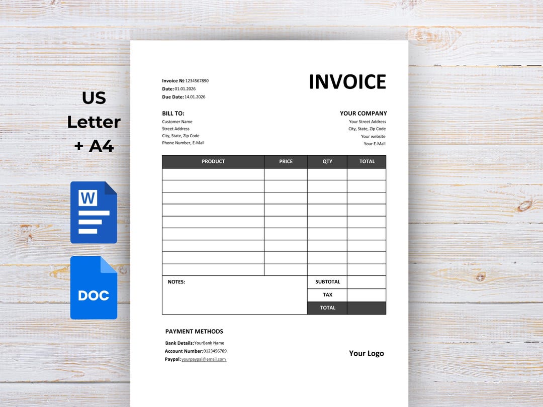 Minimalist Invoice Template MS Word & Google Docs A4, US Letter - Etsy