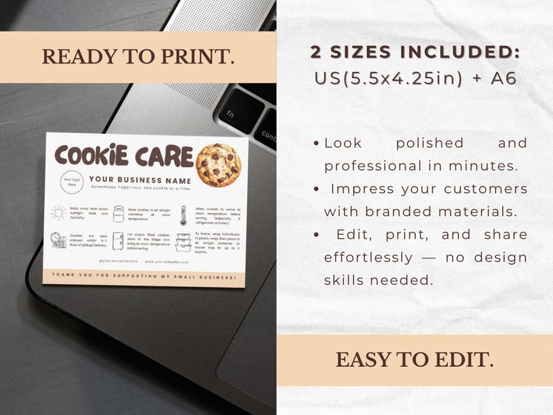 K&ouml;nnte beinhalten: Druckbare Cookie-Pflegekarte mit dem Text "COOKIE CARE" und "YOUR BUSINESS NAME". Die Karte enth&auml;lt Pflegehinweise und ist in zwei Gr&ouml;&szlig;en erh&auml;ltlich: US (14x10,8 cm) und A6. Die Karte ist einfach zu bearbeiten und zu drucken.