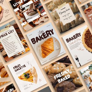 Könnte beinhalten: Eine Sammlung von Werbematerialien für eine Bäckerei. Die Bilder zeigen verschiedene Backwaren, darunter Croissants, Torten und Kekse. Text enthält "Little Bakery", "Price List", "Freshly Baked" und "Fruit Galette".