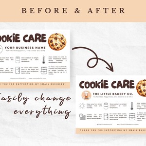 K&ouml;nnte beinhalten: Vorher-Nachher-Bild einer Cookie-Pflegeanleitung. Die Anleitung enth&auml;lt Anweisungen zur Aufbewahrung von Keksen, mit einer Grafik eines Schokoladen-Chip-Kekses. Der Text lautet "Cookie Care" und "Your Business Name".