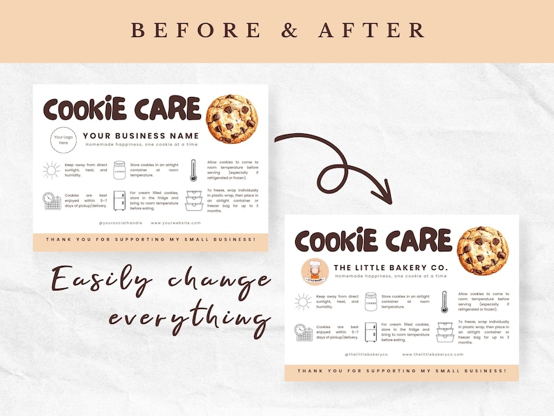 K&ouml;nnte beinhalten: Vorher-Nachher-Bild einer Cookie-Pflegeanleitung. Die Anleitung enth&auml;lt Anweisungen zur Aufbewahrung von Keksen, mit einer Grafik eines Schokoladen-Chip-Kekses. Der Text lautet "Cookie Care" und "Your Business Name".