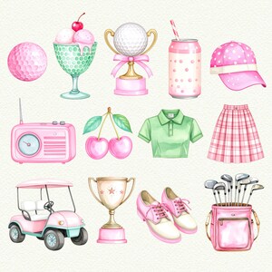 May include: Watercolor illustration of golf-themed items in pink and green. Includes a golf ball, ice cream, trophy, soda can, hat, radio, cherries, polo shirt, skirt, golf cart, shoes, and golf club bag.