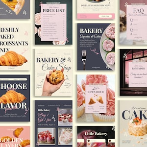 以下が含まれることがあります： パン屋をテーマにした販促物のコレクション。価格表、カップケーキとケーキの広告、営業時間のお知らせなどが含まれています。クロワッサン、カップケーキ、イチゴのショートケーキが紹介されています。カラーパレットはソフトで、ピンクとベージュの色調です。