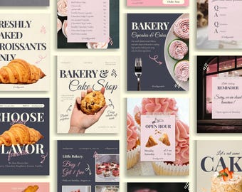 May include: A collection of bakery-themed social media templates featuring various layouts with text such as Price List, Bakery Cupcakes & Cakes, FAQ, Freshly Baked Croissants, Bakery & Cake Shop, Open Hour, and Let's eat some Cake.