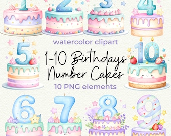 Birthday Cake PNG Clipart – Kawaii Pastel Cupcakes Watercolor Cakes with Candle Numbers 1–10 for Kids Party Invitations & Decor