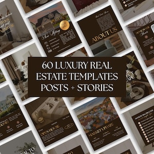 May include: A collection of 60 luxury real estate templates for posts and stories. The templates feature a dark brown background with gold text and images of houses, interiors, and real estate information. The templates are designed for social media marketing.