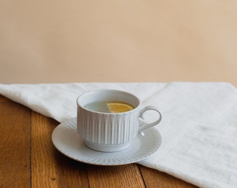 Shush grace Straight Cup and Saucer set | Japanese handmade - Rustic white cup - ceramic mug - elegant style - light grey drinkware