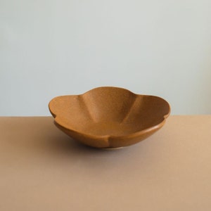 May include: A brown ceramic bowl with a five-petal flower shape.
