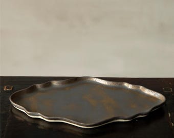 Cocoro Large Rim platter (Bronze) | Japanese made - Handmade ceramics - Bronze style dinnerware - Minimal plate - Gift for Him - tableware