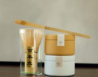 Matcha tea Starter Gift set with Matcha/Hojicha powder | Matcha accessories - Traditional Ceremonial set - Japanese matcha set -Bamboo whisk