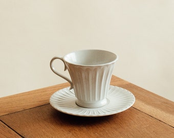 Shush Grace Tapered Cup and Saucer Set | Japanese handmade - Rustic white cup - ceramic cup set - elegant style - light grey drinkware