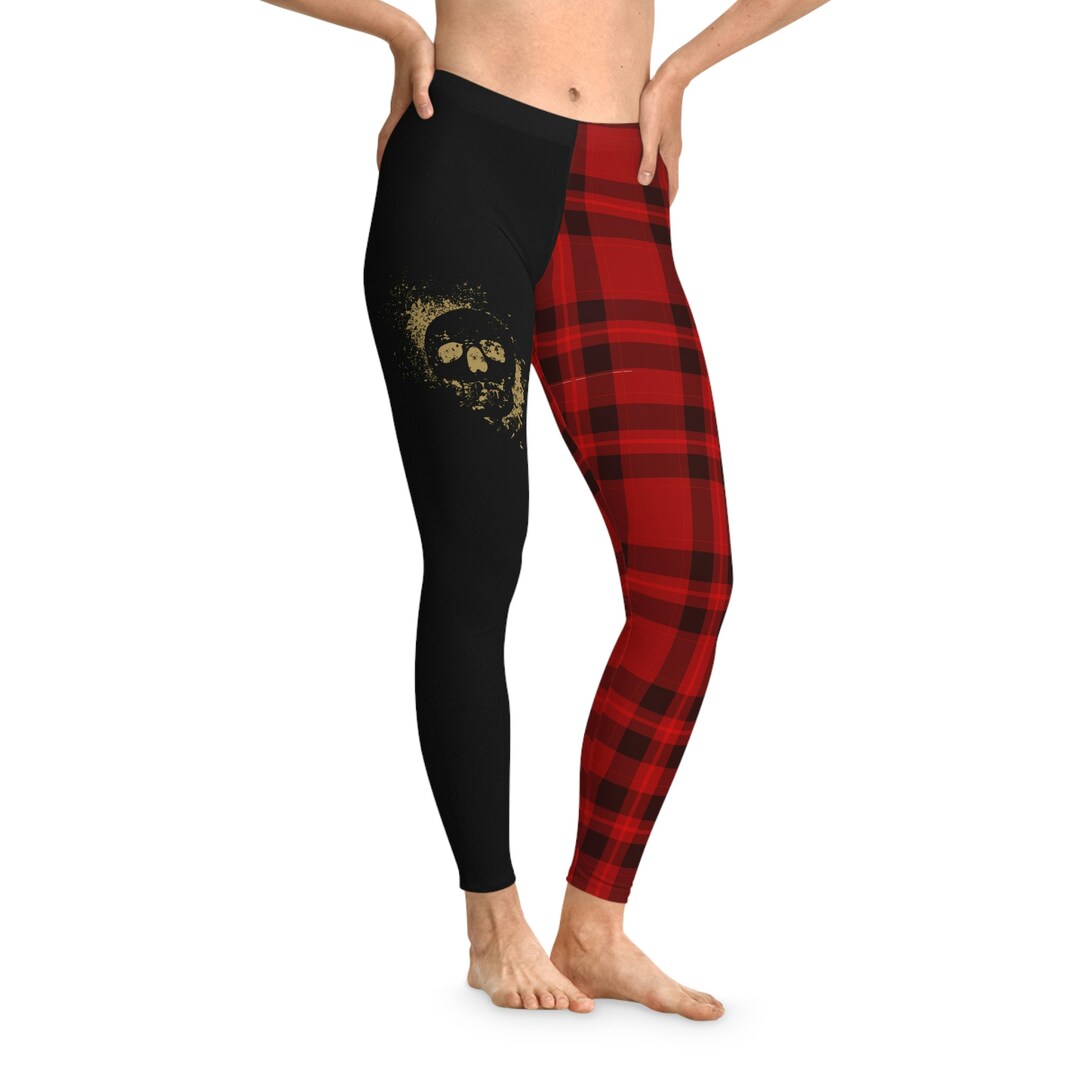 Half Plaid Half Black Skull Leggings Goth, Punk, Emo, Grunge Style