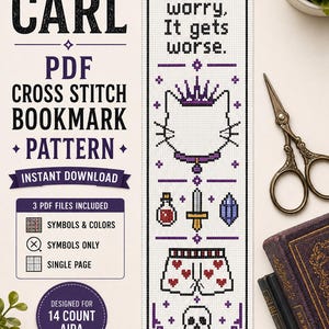 Dungeon Crawler Carl Cross Stitch Bookmark Pattern | Cat, Loot, Skull Pixel Art (PDF Download)