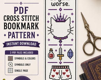 Dungeon Crawler Carl Cross Stitch Bookmark Pattern | Cat, Loot, Skull Pixel Art (PDF Download)