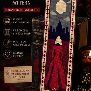 May include: Cross stitch bookmark pattern featuring a design inspired by "The Handmaid's Tale." The bookmark showcases a red figure against a night sky with a full moon and a dark silhouette of a building. Includes PDF download and beginner-friendly instructions.
