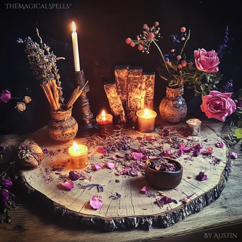 Op de afbeelding: Een houten altaar met kaarsen, gedroogde bloemen en een kleine kom met kruiden. Het altaar is versierd met verschillende voorwerpen, waaronder een boek, een vaas en een kandelaar. De tekst "THEMAGICALSPELLS" is zichtbaar in de linkerbovenhoek van de afbeelding.