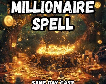 Puede incluir: Una escena mágica con una mesa dorada rodeada de velas y monedas. El texto "MILLIONAIRE SPELL SAME DAY CAST" está escrito en la imagen.