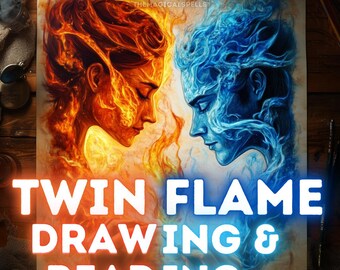May include: A digital illustration of a twin flame couple, one with fiery orange hair and the other with blue hair, both with their heads tilted down. The text "Twin Flame Drawing & Reading" is in a bright blue and orange box.
