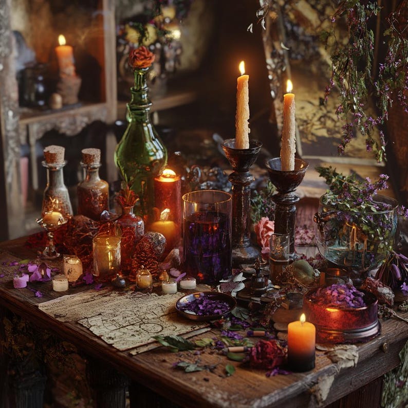 May include: A wooden table with a variety of candles, bottles, and other objects arranged on it. The candles are lit and the bottles are filled with liquids. There are also some flowers and other decorative items on the table.