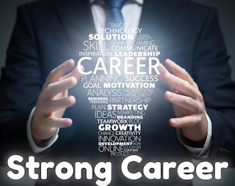 May include: A hand gesture with a glowing cloud of words related to career success, including "planning", "motivation", "strategy", "growth", and "innovation". The text "Strong Career Success Spell" is below the cloud of words.