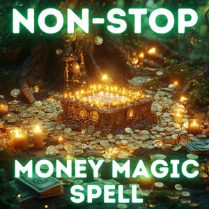 Puede incluir: Un cofre del tesoro dorado se sienta sobre un lecho de monedas de oro, rodeado de velas encendidas y follaje verde. El texto "NON-STOP MONEY MAGIC SPELL" se muestra sobre el cofre.
