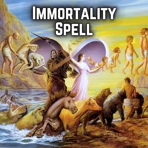 May include: A painting depicting the concept of immortality. The image features a figure representing death, a woman holding a baby, and a series of figures representing the stages of life. The figures are standing on a rocky shore with a body of water in the foreground. The painting is set against a backdrop of a bright, colorful sky.