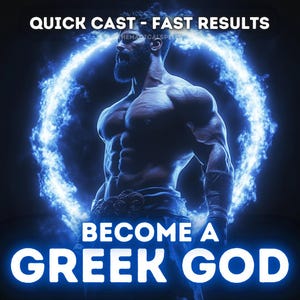 May include: A muscular man with a beard stands in front of a blue and white ring of fire. The text "QUICK CAST - FAST RESULTS" is at the top of the image. The text "BECOME A GREEK GOD" is at the bottom of the image.