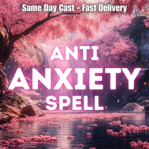May include: A pink and white digital illustration of a waterfall in a forest with pink blossoms falling. The text "ANTI ANXIETY SPELL" is in white letters with a pink outline.