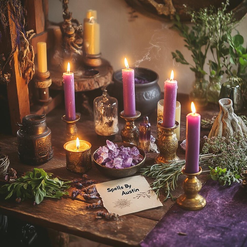 Op de afbeelding: Een houten tafel met paarse kaarsen, een kom met amethistkristallen en een handgeschreven briefje met de tekst "Spells By Austin".