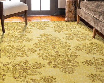 Alfombra turca amarilla, alfombra de piso de estilo boho para la decoración del lavadero del dormitorio de la sala de estar, alfombra mostaza tradicional oriental, alfombra de área 8x10