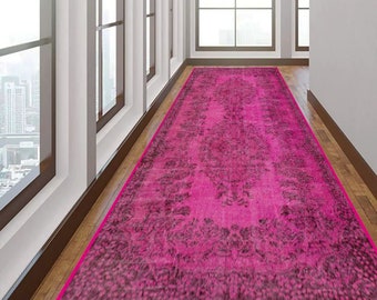 Alfombra de corredor de pasillo étnico, corredor turco fucsia, ideal para entrada, antideslizante que no se desprende, lavable a máquina, alfombra de corredor narrado de pasillo