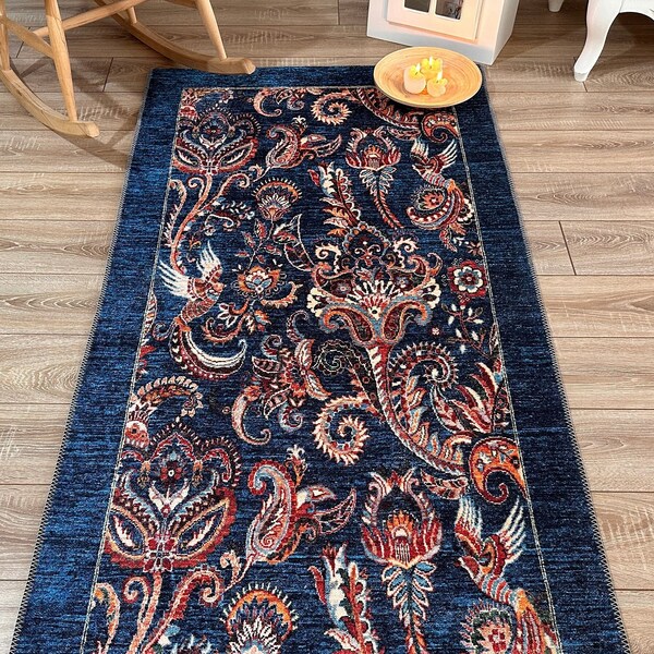 Oriental Blue Runner Rug, Vintage Long Kitchen Rug, Runner 3x10, Overdyed Blue Runner, Washable Hallway Rug Runner Non-Slip Traditional