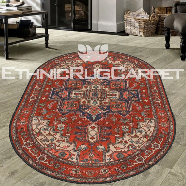 Traditional Oval Rug, Medallion Oriental Design Indoor Oval Area Rug, Vintage style Floor Carpet for Bedroom, Red Turkish Oval Rug