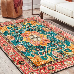 Orange Turkish Rug, Bohemian Indoor Floor Accent, Low-Pile Vintage Style Carpet, Oriental Rug, Washable Carpet for Living Room Bedroom