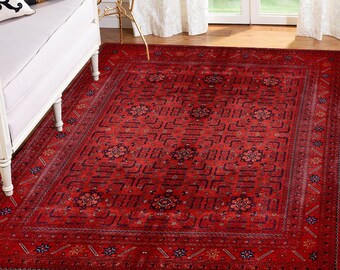 Ethnic Afghan Red Rug, Ideal for a Farmhouse or Shabby Chic Home Decor, Perfect for a Formal Dining Room or Home Office, Large Area Rug